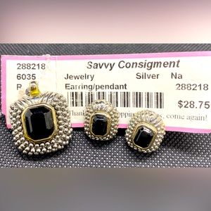 Pendant & earrings set. Chain not included. Silver & gold tone with black stone.